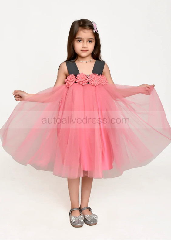 Square Neck Pink Tulle 3D Flowers Sweet Flower Girl Dress